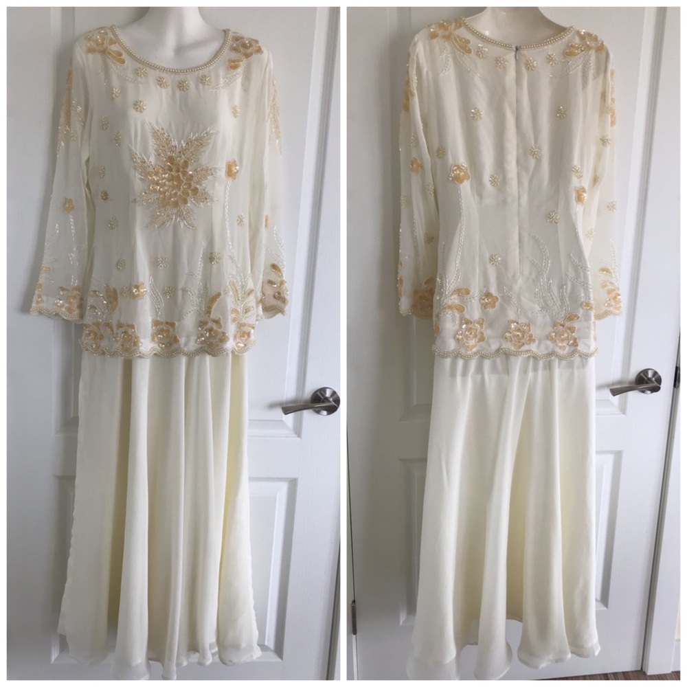 Ivory Formal Chiffon Layered Dress with Ornate Beaded Design Art Deco